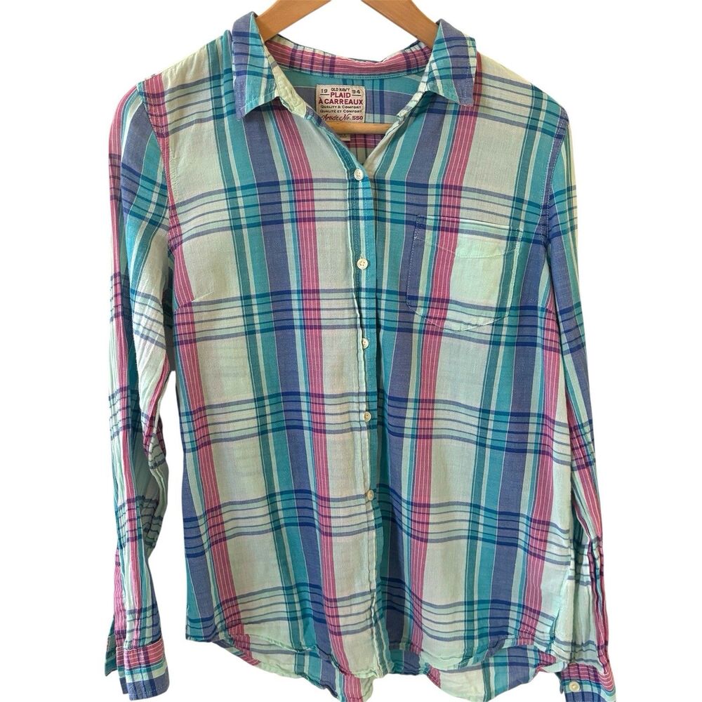 Old Navy Womens Shirt Size M Blue Multicolor Plaid Long Sleeve Outdoors Western